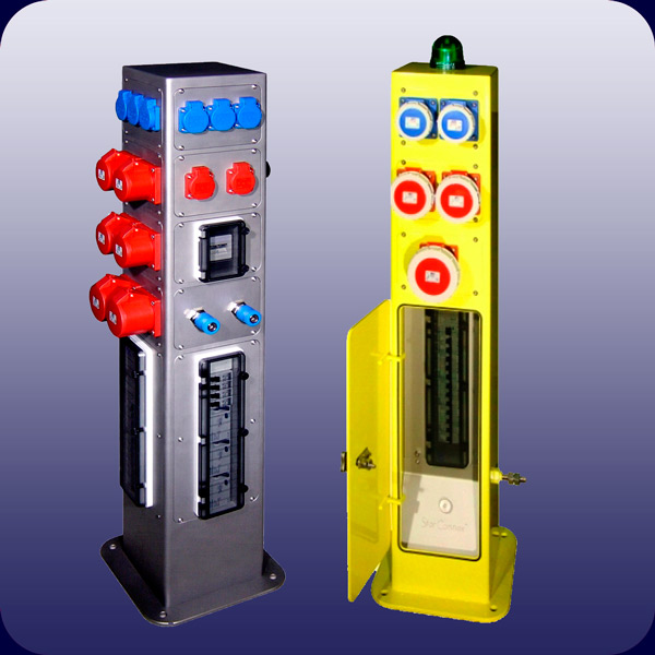 Ein Elektrant mit Steckdosen und Verteiler, und ein Elektrant mit Steckdosen und Verteiler hinter einer Tür.  Link nach: https://starconnex.de/produkte/elektranten/elektranten-ohne-tueren